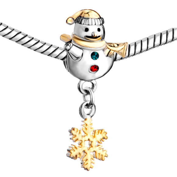 FREE S/H Pugster Christmas Snowman 22kt Gold Plate Bracelet Charm - Fits Pandora - Picture 1 of 3